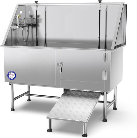 62" Stainless Steel Pet Dog Bath Tub with Faucet (Right Door/Left Drain), 62 X 27 X 58