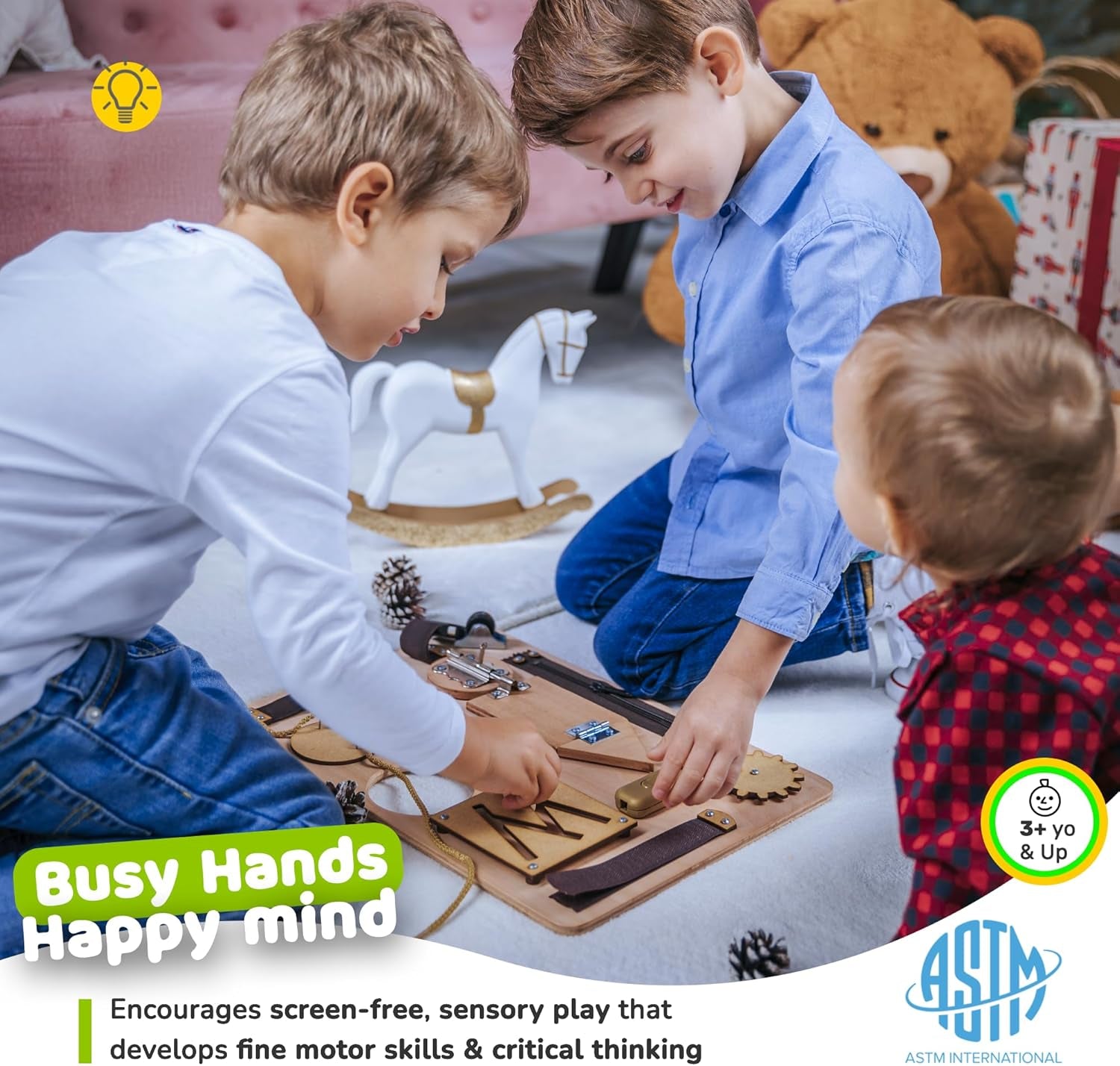 Montessori Busy Board for Toddlers, Sensory Toy with 10 Preschool Educational Activities to Develop Fine and Basic Motor Skills, Kids Learning Travel Toy for Plane and Car, Boy & Girl Gift