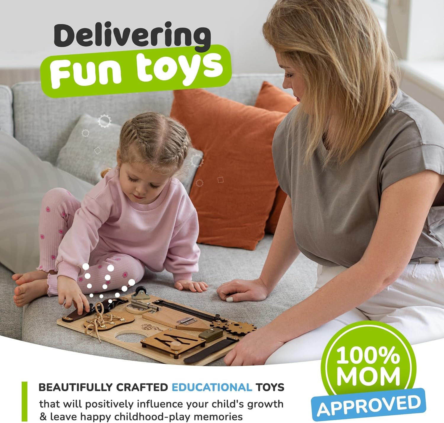 Montessori Busy Board for Toddlers, Sensory Toy with 10 Preschool Educational Activities to Develop Fine and Basic Motor Skills, Kids Learning Travel Toy for Plane and Car, Boy & Girl Gift