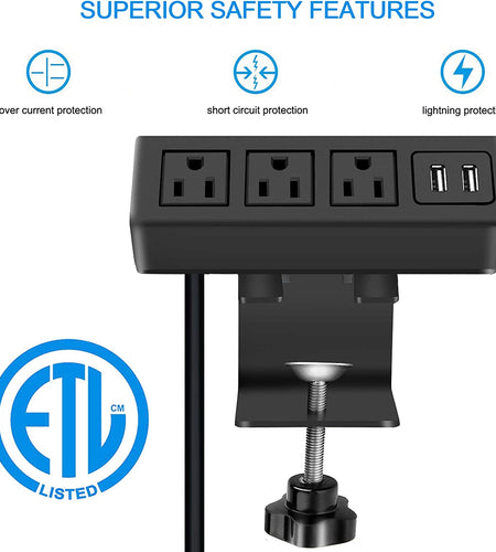 3 Outlet Desk Clamp Power Strip with USB Ports, Desktop Power Strip Surge Protector 1200J. Desk Mount Charging Power Station, on Desk Edge Power Outlet 125V 12A 1500W.