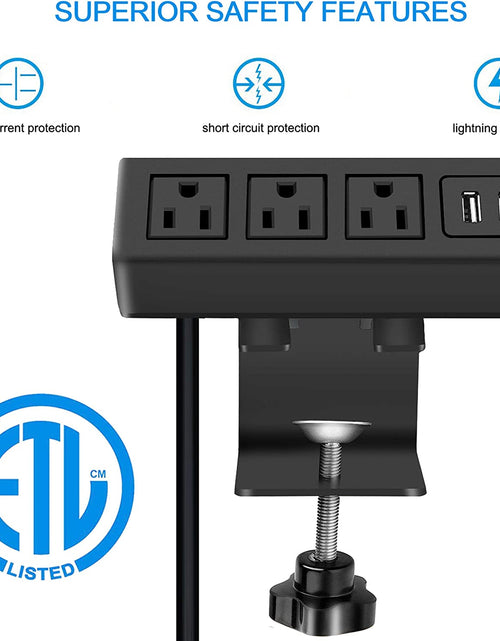 Load image into Gallery viewer, 3 Outlet Desk Clamp Power Strip with USB Ports, Desktop Power Strip Surge Protector 1200J. Desk Mount Charging Power Station, on Desk Edge Power Outlet 125V 12A 1500W.
