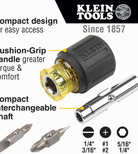 32561 Multi-Bit Screwdriver / Nut Driver, 6-In-1 Stubby Screwdriver with 2 Phillips, 2 Slotted Bits, 2 Nut Drivers