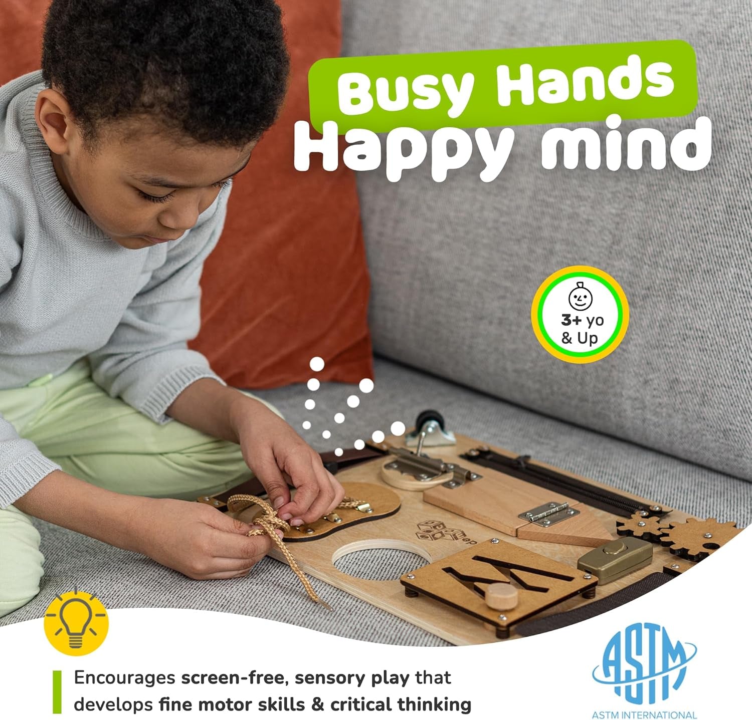 Montessori Busy Board for Toddlers, Sensory Toy with 10 Preschool Educational Activities to Develop Fine and Basic Motor Skills, Kids Learning Travel Toy for Plane and Car, Boy & Girl Gift