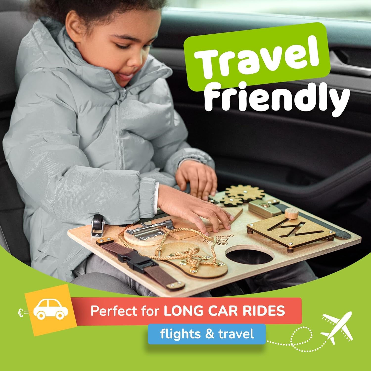 Montessori Busy Board for Toddlers, Sensory Toy with 10 Preschool Educational Activities to Develop Fine and Basic Motor Skills, Kids Learning Travel Toy for Plane and Car, Boy & Girl Gift
