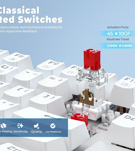 K552P Mechanical Gaming Keyboard TKL with 18 Backlight Modes, Hot-Swappable Red Switches, 87-Key Compact Ergonomic Design, N-Key Rollover & Software Programmable Macro - RGB, White