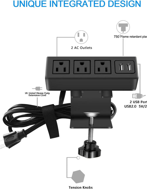 Load image into Gallery viewer, 3 Outlet Desk Clamp Power Strip with USB Ports, Desktop Power Strip Surge Protector 1200J. Desk Mount Charging Power Station, on Desk Edge Power Outlet 125V 12A 1500W.
