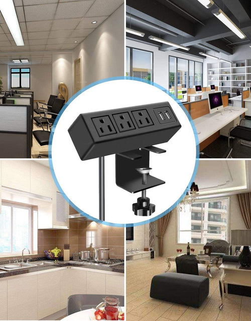 Load image into Gallery viewer, 3 Outlet Desk Clamp Power Strip with USB Ports, Desktop Power Strip Surge Protector 1200J. Desk Mount Charging Power Station, on Desk Edge Power Outlet 125V 12A 1500W.
