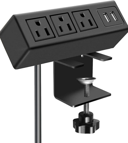 3 Outlet Desk Clamp Power Strip with USB Ports, Desktop Power Strip Surge Protector 1200J. Desk Mount Charging Power Station, on Desk Edge Power Outlet 125V 12A 1500W.