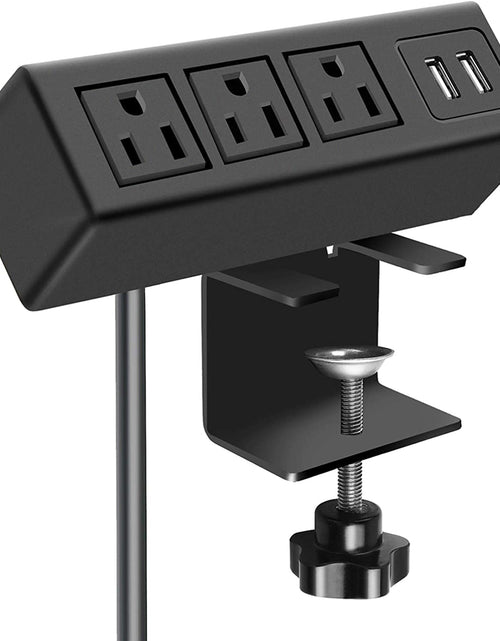 Load image into Gallery viewer, 3 Outlet Desk Clamp Power Strip with USB Ports, Desktop Power Strip Surge Protector 1200J. Desk Mount Charging Power Station, on Desk Edge Power Outlet 125V 12A 1500W.
